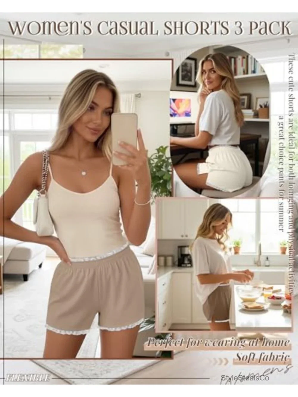 3 Pack Pajama Shorts Lace Trim Lounge Shorts Elastic Waist Summer Bottoms